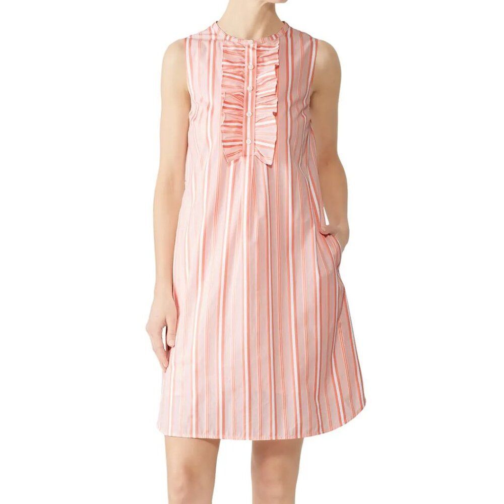 Draper James Ruffle Placket Dress Coral Pink Stripe sleeveless mini Shift S
